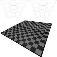 Monstershop Hexagon LED Lights x 2 & Vented Garage Floor Tiles With Edges - 120 in Black