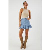 MissPap Women's Puff Ball Denim Mini Skirt in Light Wash | Size: 8