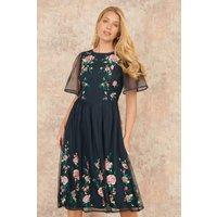 Yumi Women's Navy Embroidered Short Mesh Sleeve Prom Skater Dress | Size: 12