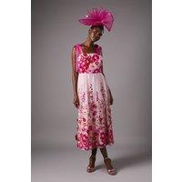 Coast Women's Embroidered Floral Mesh Midi Wedding Guest Dress in Pink | Size: 10