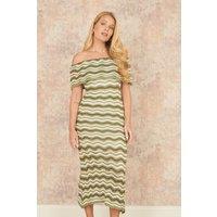 Yumi Women's Green Stripe Crochet Knit Bardot Midi Dress | Size: Medium