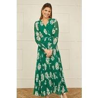 Yumi Women's Green Floral Pleated Midi Wrap Long Sleeve Dress | Size: 10