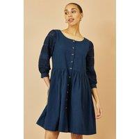 Yumi Women's Navy Cotton Tunic With Broderie Anglaise Puff Sleeves | Size: 12