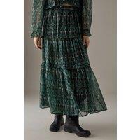 Warehouse Women's Metallic Chiffon Tier Maxi Skirt in Green | Size: 12