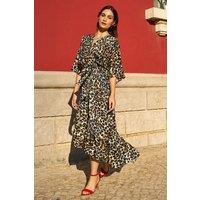 Yumi Women's Brown Leopard Midi Wrap Dress With Kimono Sleeves | Size: 12