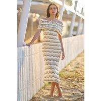 Yumi Women's Beige Stripe Crochet Knit Bardot Midi Dress | Size: Medium