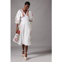Floral Neckline Embroidered Puff Sleeve Midi Dress
