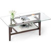 Gymax Glass Coffee Table 2-Tier Coffee Table With Storage Shelf-Brown in Brown