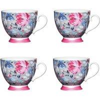 KitchenCraft Set of 4 China Grey Floral Footed Mugs in Light Blue