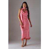 Petite Satin Jacquard Cowl Scarf Neck Fringe Midi Slip Dress