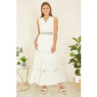 Yumi Women's White Lace Trim Cotton Midi Sun Dress | Size: Large