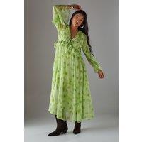 Warehouse Women's Petite Chiffon Plunge Neck Ruffle Midi Smock Dress in Yellow | Size: 10