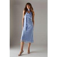 Satin Jacquard Cowl Scarf Neck Fringe Midi Slip Dress