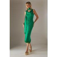 Satin Jacquard Cowl Scarf Neck Fringe Midi Slip Dress