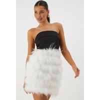 MissPap Women's Bandeau Satin Feather Mini Dress in Black | Size: 6