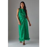Warehouse Women's Petite Satin Jacquard Feather Twist Front Cowl Back Midi Dress in Green | Size: 6