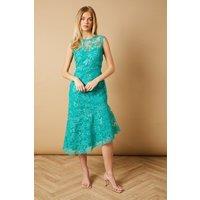Oasis Women's Floral Lace Scallop Detail Midi Dress in Bright Green | Size: 10