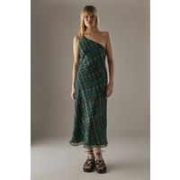 Warehouse Women's Metallic Chiffon One Shoulder Bias Midi Dress in Green | Size: 10