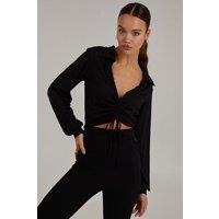 Pink Vanilla Women's Ribbed Ruched Long Sleeve Collard T-Shirt in Black | Size: Small