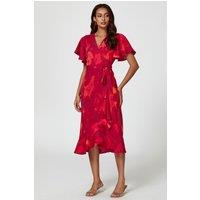 FS Collection Women's Abstract Print Angel Sleeve Wrap Midi Dress In Red | Size: Medium