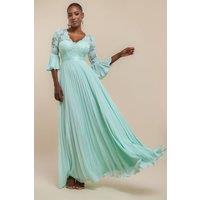 Goddiva Women's Scalloped Lace Bodice Pleated Chiffon A Line Maxi Dress in Mint | Size: 8