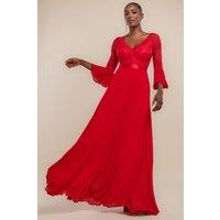 Goddiva Women's Scalloped Lace Bodice Pleated Chiffon A Line Maxi Dress in Red | Size: 12