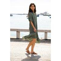 Yumi Women's Khaki Italian Linen Shirt Dress With Frill Hem | Size: Medium