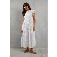 Warehouse Women's Broderie Mix Tiered Midi Dress in White | Size: 8