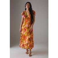 Petite Floral Frill Tie Front Midi Tea Dress
