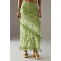 Warehouse Women's Devore Fringe Detail Midi Skirt in Apple Green | Size: 16