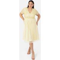 Maya Deluxe Women's Short Sleeve V Neck Embellished Midi Dress in Yellow | Size: 22