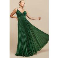 Goddiva Women's Sleeveless Pleated A Line Lurex Maxi Dress in Emerald | Size: 14