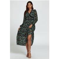 FS Collection Women's Floral Print Long Sleeve Midi Dress In Brown in Green | Size: Small
