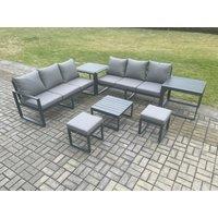 Fimous Aluminium 7 Pieces Garden Furniture Sofa Set with Cushions 8 Seater Outdoor Patio Set with Square Coffee Table 2 Footstools in Dark Grey