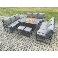 Fimous Aluminium 11 Seater Garden Furniture Outdoor Set Patio Lounge Sofa Gas Fire Pit Dining Table Set with 2 Small Footstools Side Table