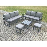 Fimous Aluminium 5 Pieces Garden Furniture Sofa Set with Cushions 8 Seater Outdoor Patio Set with Square Coffee Table 2 Small Footstools in Dark Grey