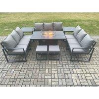 Fimous Aluminium 11 Seater Garden Furniture Outdoor Set Patio Lounge Sofa Gas Fire Pit Dining Table Set with 2 Small Footstools in Dark Grey