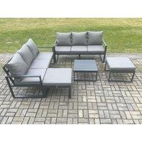 Fimous Aluminium 5 Pieces Garden Furniture Sofa Set with Cushions 8 Seater Outdoor Patio Set with Square Coffee Table 2 Big Footstools in Dark Grey