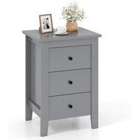 Gymax Bedside Table 3-Drawer Wooden Nightstand End Side Table Grey