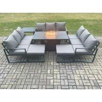 Fimous Aluminium 11 Seater Garden Furniture Outdoor Set Patio Lounge Sofa Gas Fire Pit Dining Table Set with 2 Big Footstools Side Table in Dark Grey