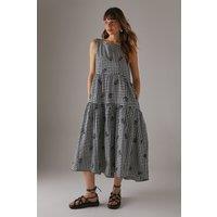 Embroidered Gingham Sleeveless Midi Sundress