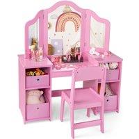 Costway 2-in-1 Dressing Table & Chair Set Vanity Table Desk w/ Removable Mirrors in Pink