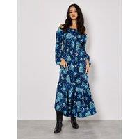 Apricot Women's Floral Bardot Maxi Dress in Navy | Size: 12