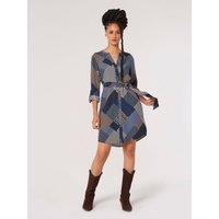 Apricot Women's Geo Patchwork Shirt Mini Dress in Navy | Size: 10