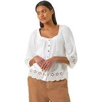 Roman Women's Cotton Broderie Hem Blouse in Ivory | Size: 20