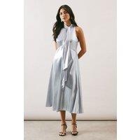 Wallis Women's Occasion Metallic Tie Neck Midi Dress in Silver | Size: 10