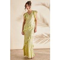 Coast Women's Metallic Jacquard Frill Midi Dress in Yellow | Size: 8