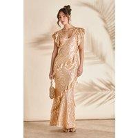 Coast Women's Metallic Jacquard Frill Midi Dress in Apricot | Size: 10