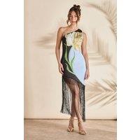 Coast Women's Printed One Shoulder Ladder Fringe Maxi Dress in Black | Size: 10