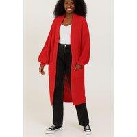 HOXTON GAL Women's Oversized Long Sleeves Midi Knitted Cardigan with Pocket Details in Red